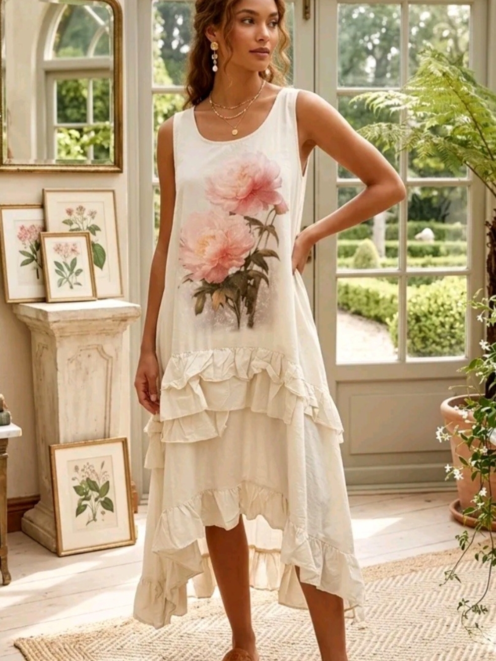 Jaded Gypsy Rose Parchment Ruffled Hi Low Tank Dress